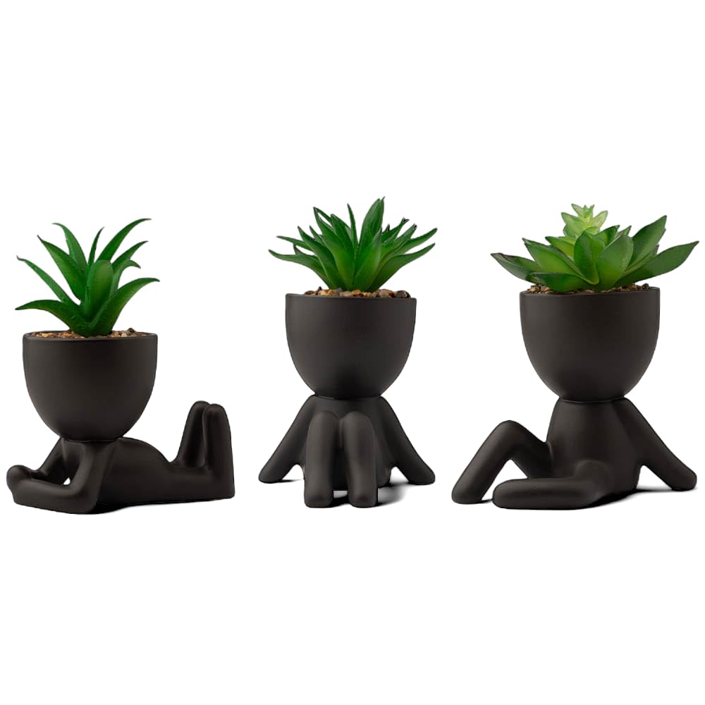 Seated Succulent Set (Set of 3) | Ceramic House Plant Pots With Artificial Succulent Plants