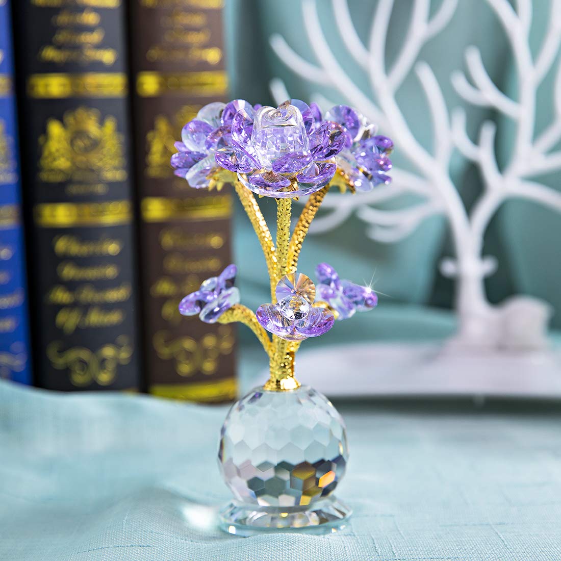 Purple Crystal Rose Flower Glass Figurine Collectible Statue