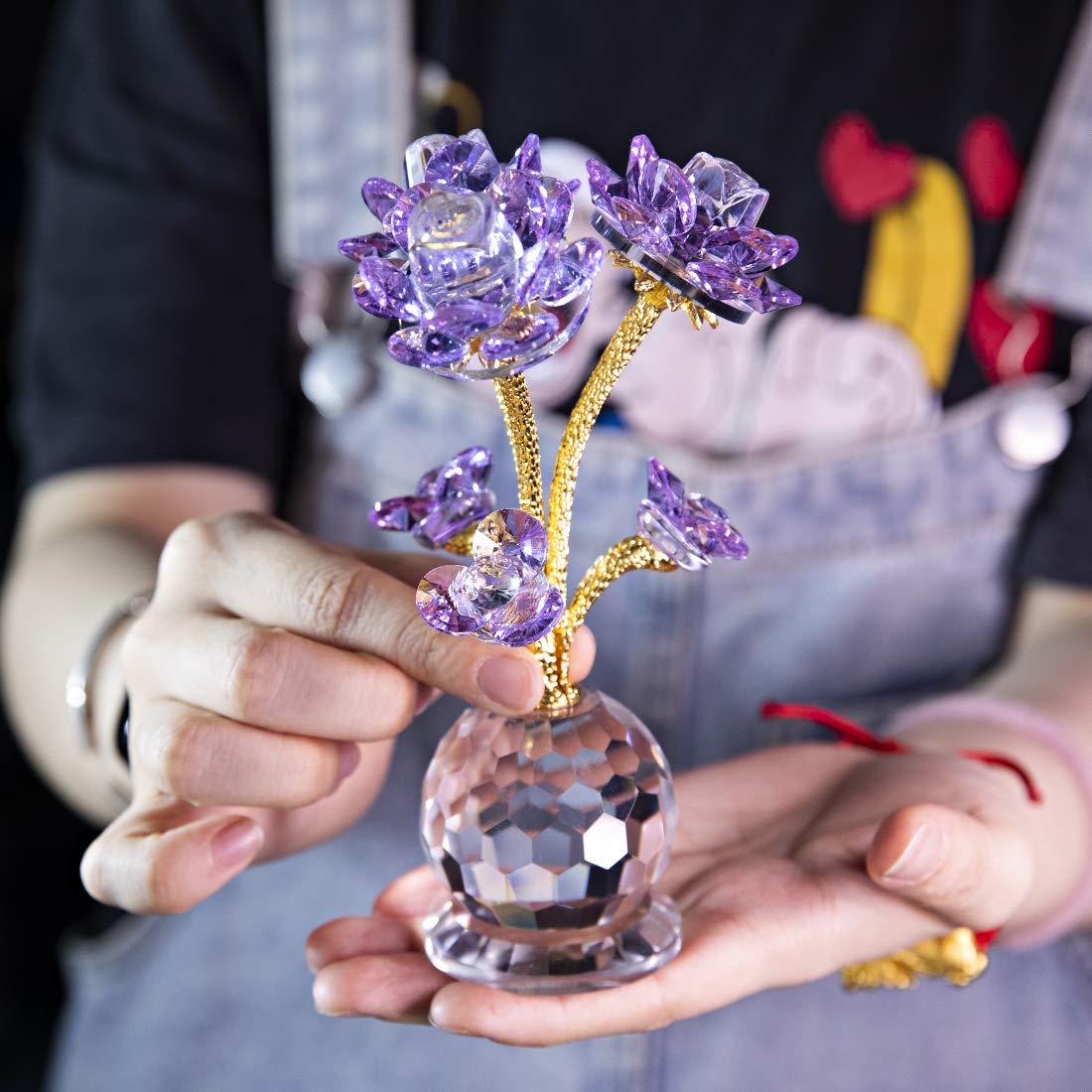 Purple Crystal Rose Flower Glass Figurine Collectible Statue