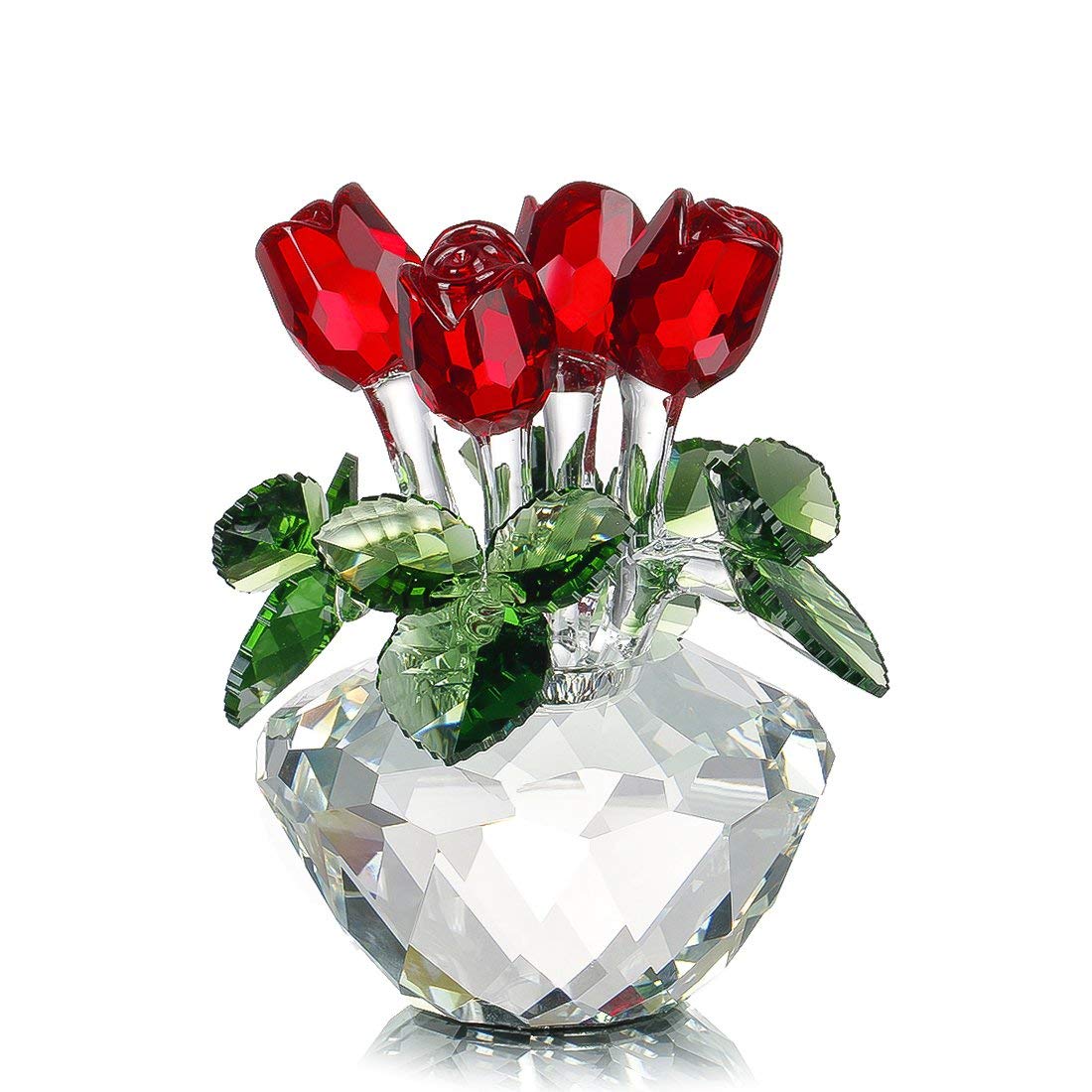 4.5inch Spring Bouquet Crystal Glass Flowers Red Rose Figurine Ornament