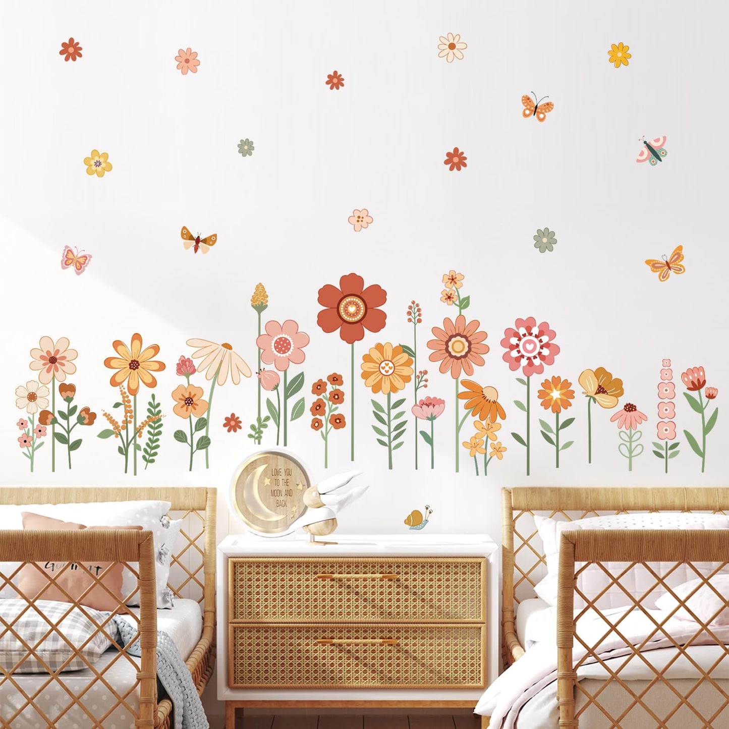 Boho Flower Wall Decals for Kids Garden Floral Daisy Butterfly Wall Stickers