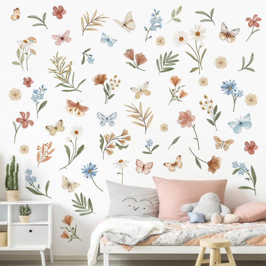 Boho Daisy Flower Wall Decals Watercolor Floral Butterflies Wall Stickers