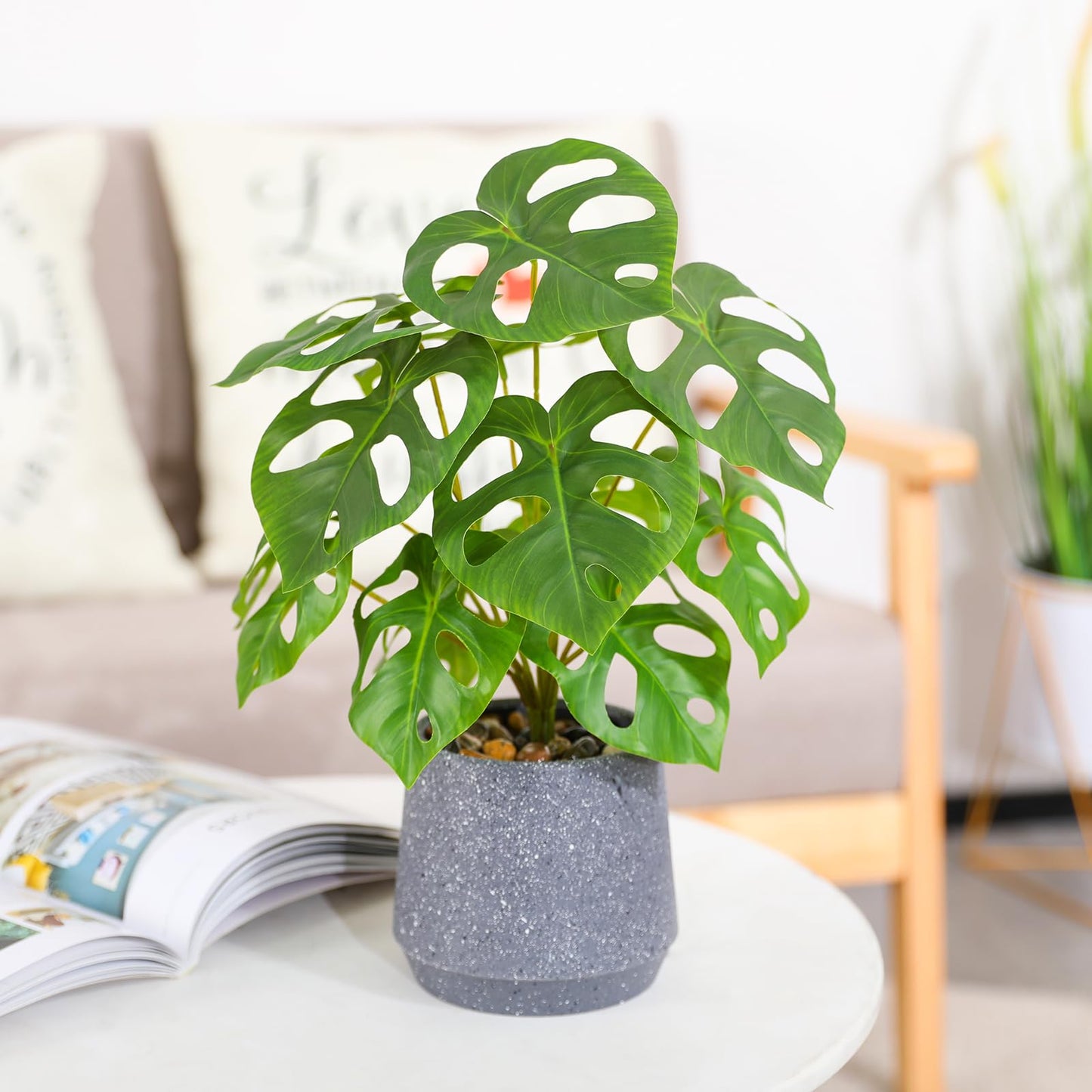 Artificial Plant in Pot,14" Potted Fake Monstera Plant with stones Decor