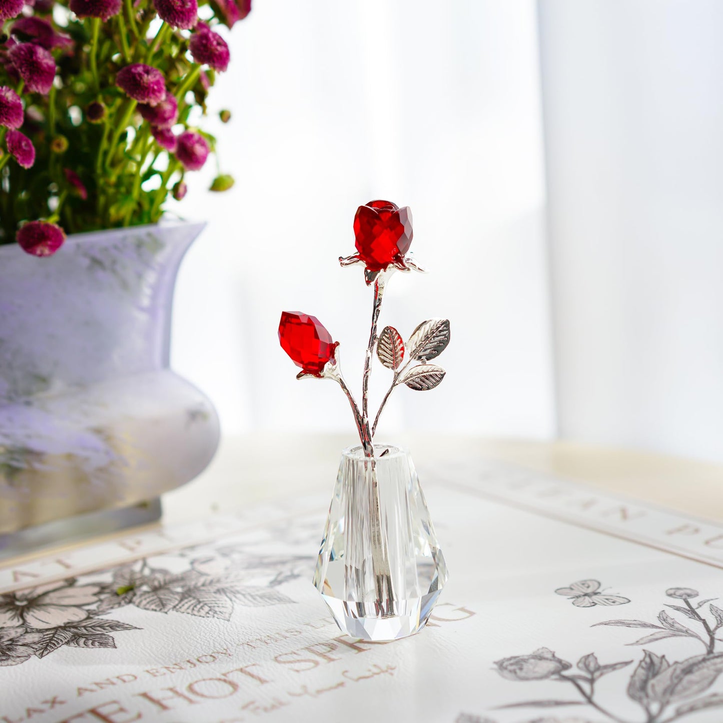 Crystal Red Roses,Glass Rose Flower Figurine with Silver Pole