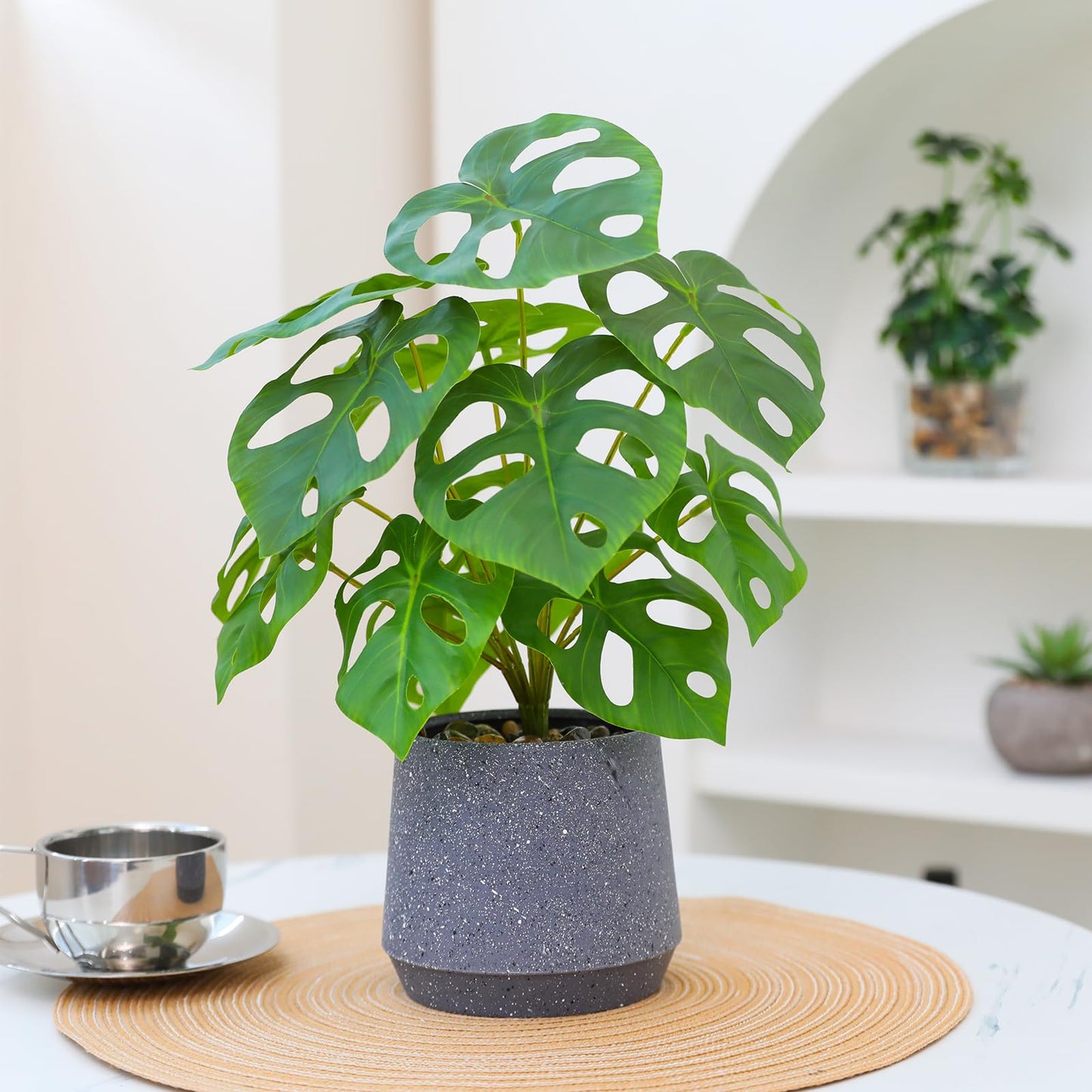 Artificial Plant in Pot,14" Potted Fake Monstera Plant with stones Decor