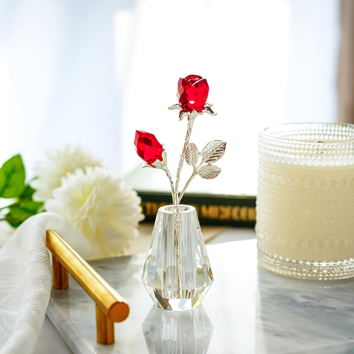 Crystal Red Roses,Glass Rose Flower Figurine with Silver Pole