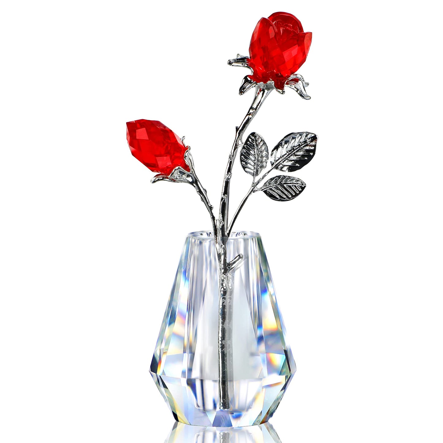 Crystal Red Roses,Glass Rose Flower Figurine with Silver Pole