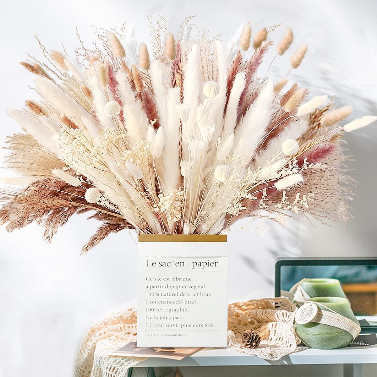 50 Pcs 17 inch Natural Pampas Grass Boho Home Decor Bouquet Dried Flowers