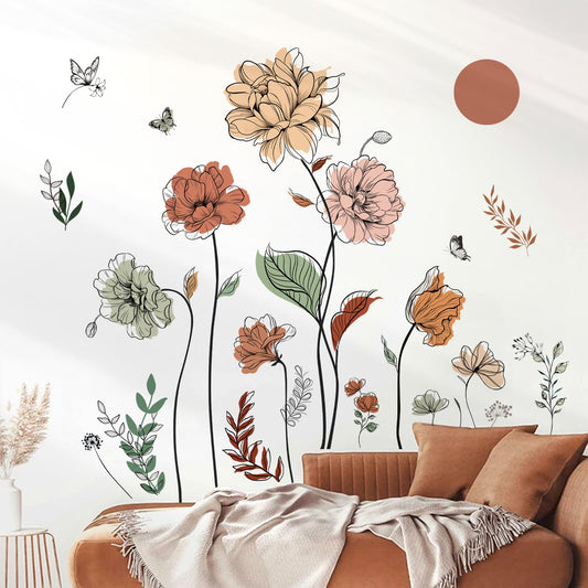 Boho Watercolor Flower Wall Decals Bohemian Floral Plants Sun Wall Stickers