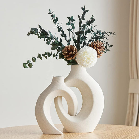 Hollow White Ceramic Vase Set of 2, Decorative Flower Vase for Pampas Grass