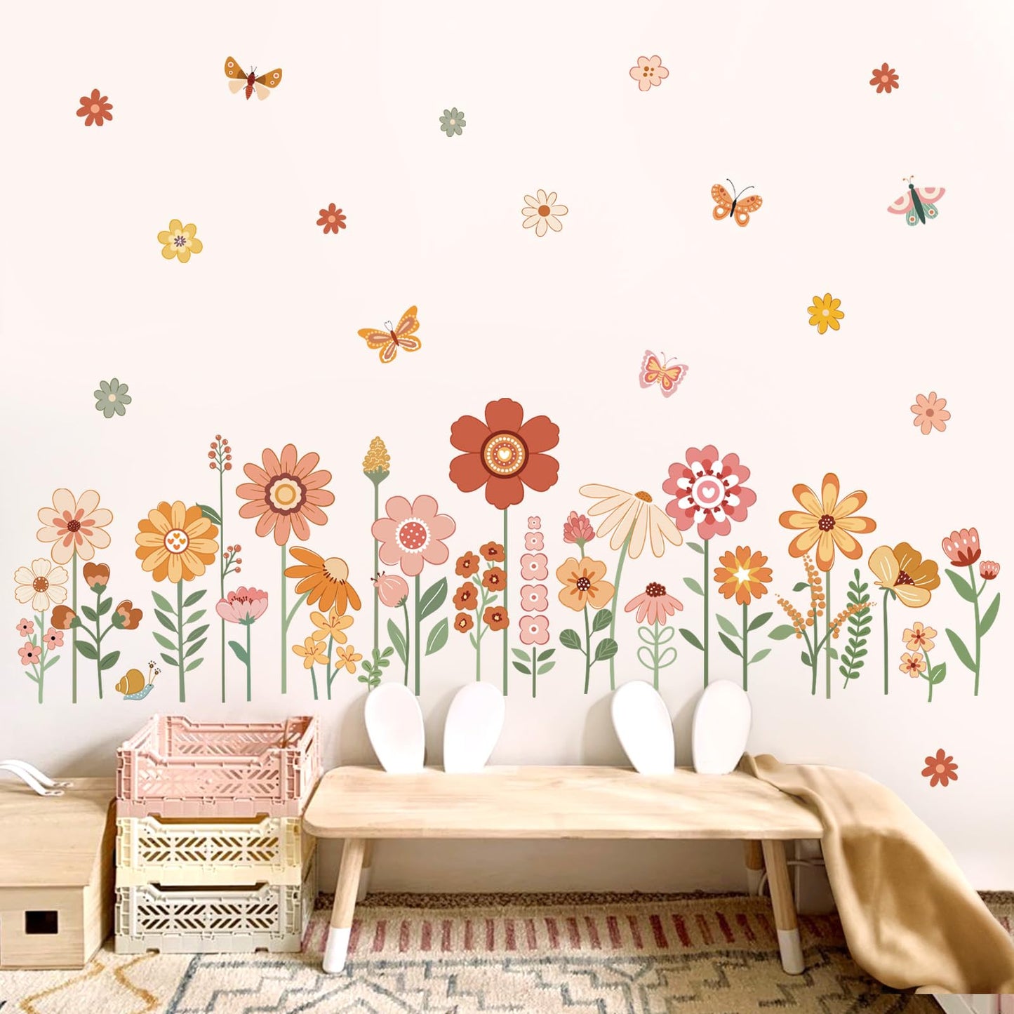 Boho Flower Wall Decals for Kids Garden Floral Daisy Butterfly Wall Stickers