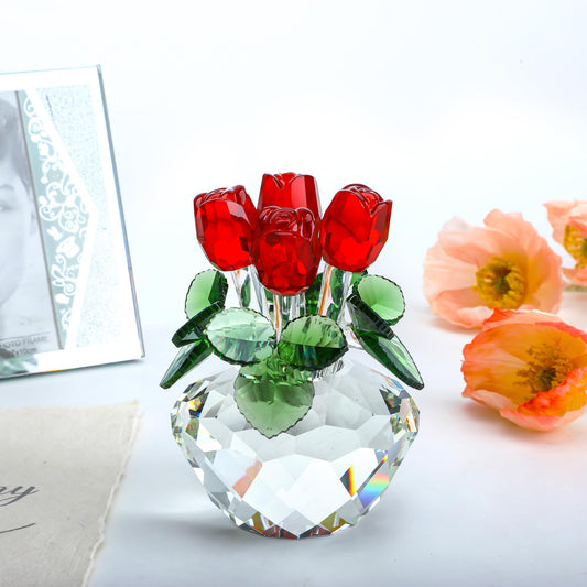 4.5inch Spring Bouquet Crystal Glass Flowers Red Rose Figurine Ornament