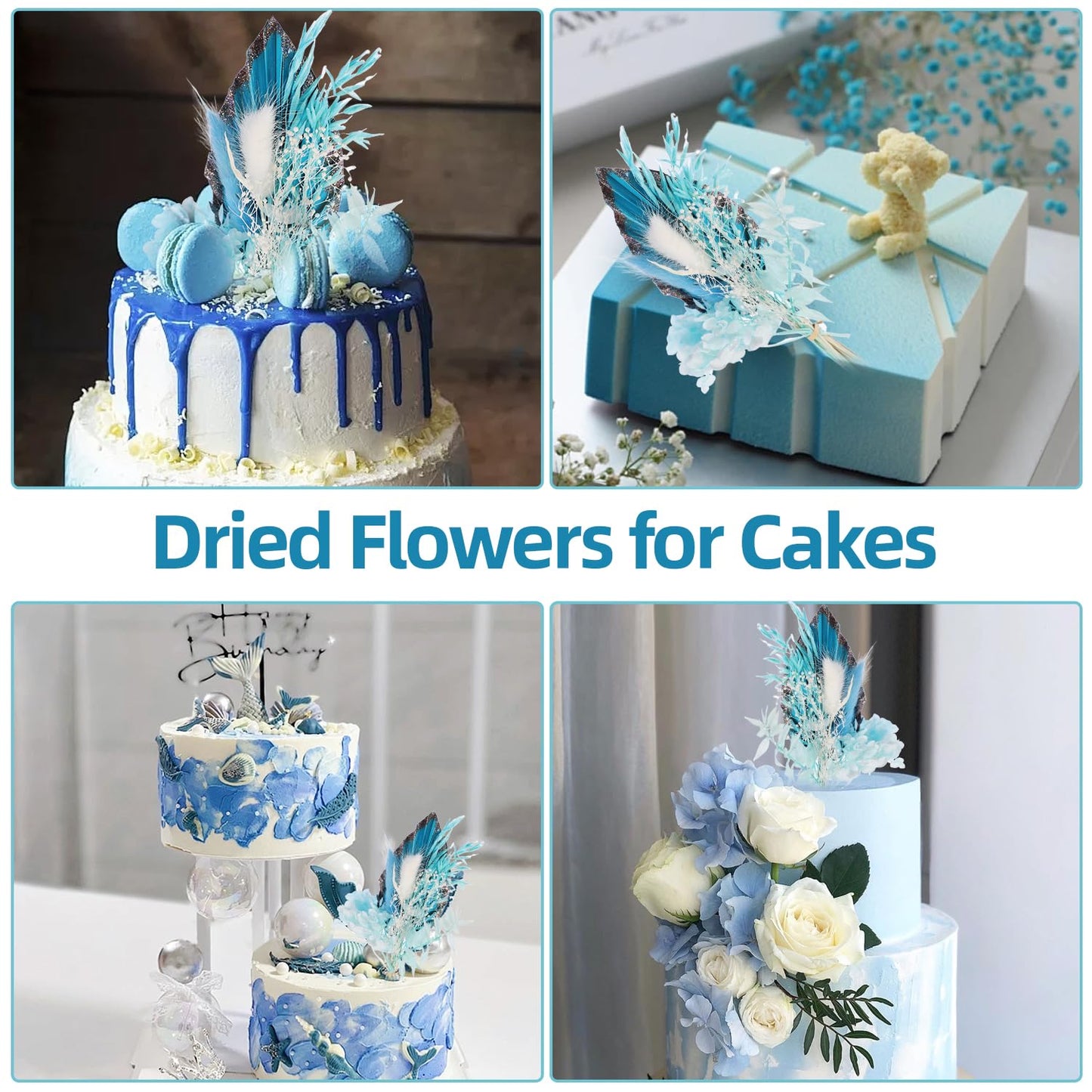 Movstriker Dried Flowers for Cakes, Blue Dried Flowers Bouquet with Palm Spear