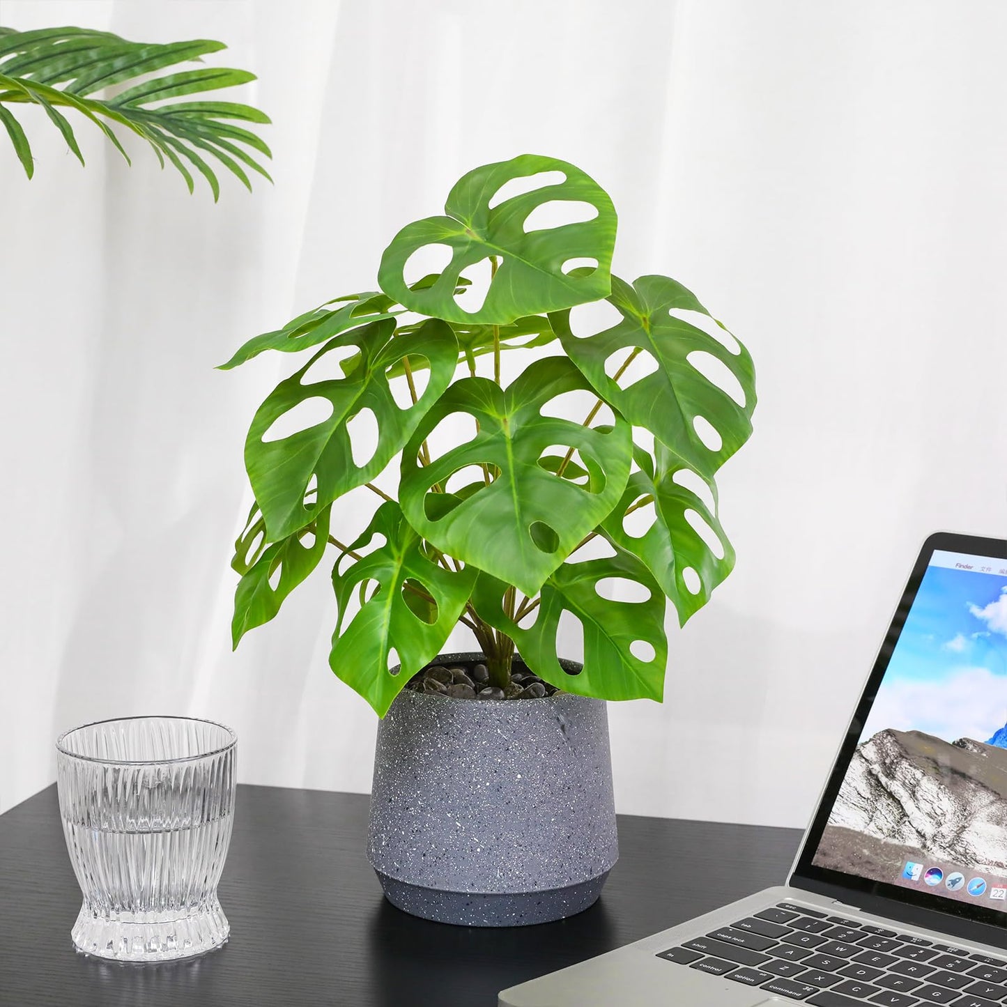 Artificial Plant in Pot,14" Potted Fake Monstera Plant with stones Decor