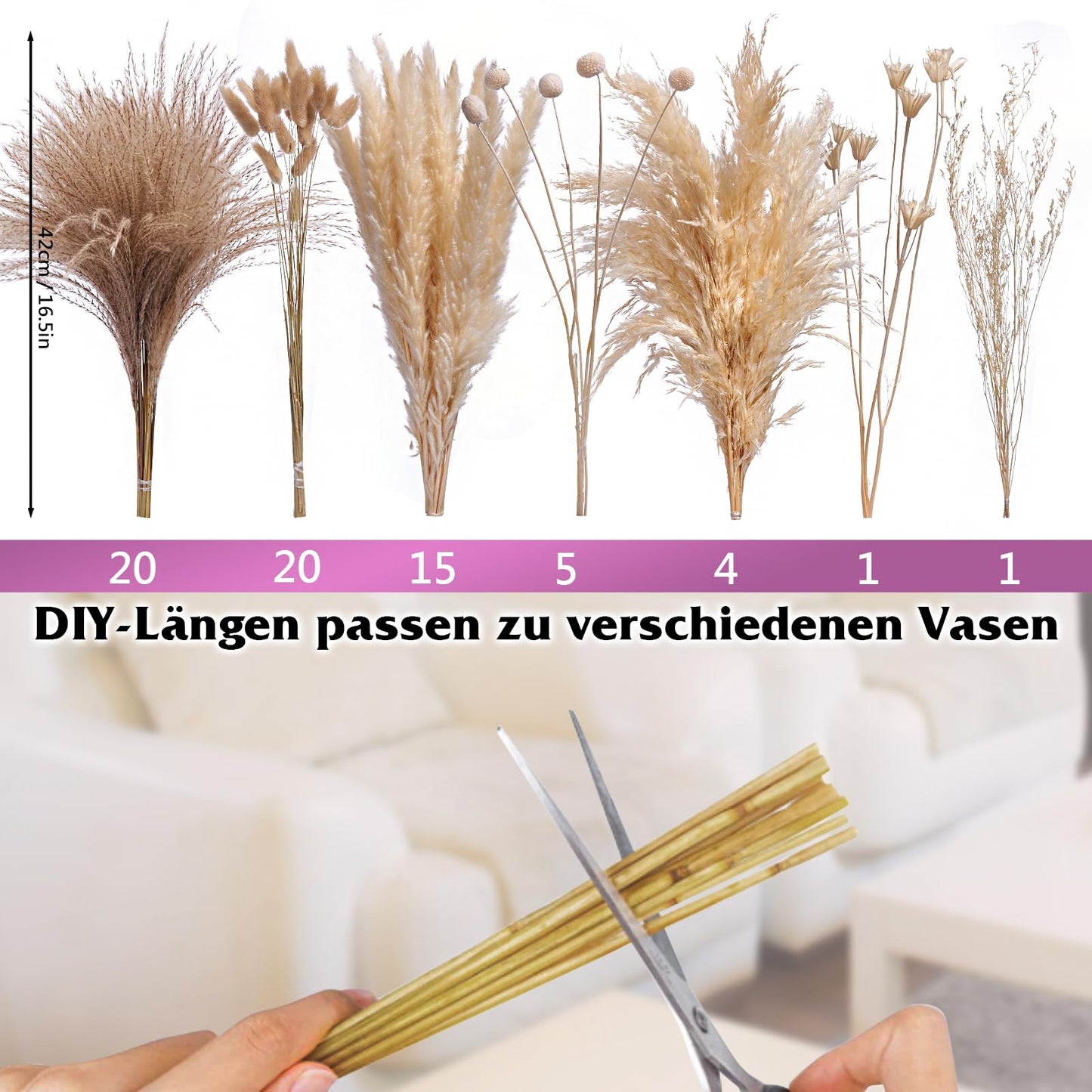 66 Pcs White Dried Pampas Grass Bouquet, 43cm Natural Pampas Grass Boho