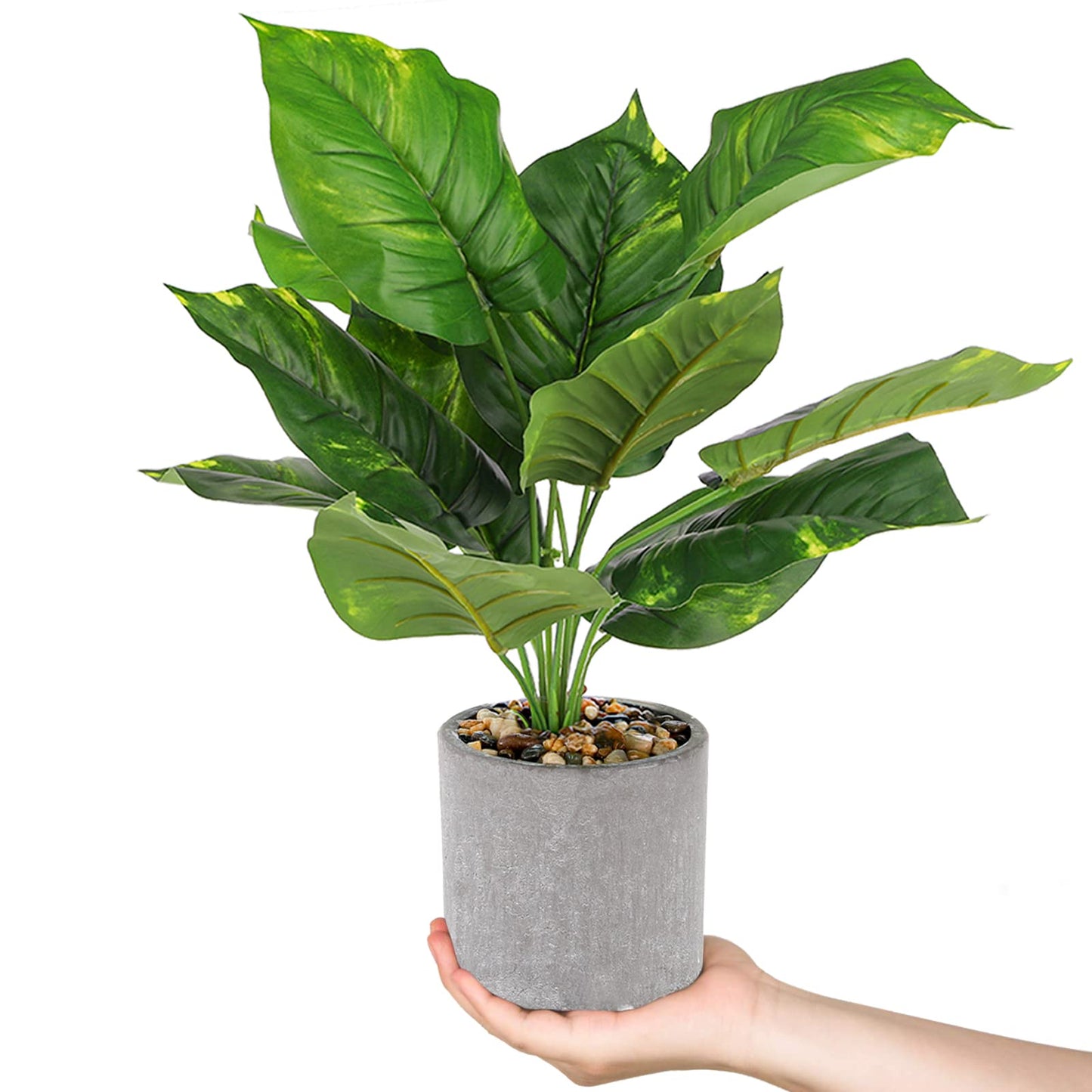 Dicunoy 2 Pack Fake Plants Indoor, 16" Artificial Faux Potted Plants with Gray Pot