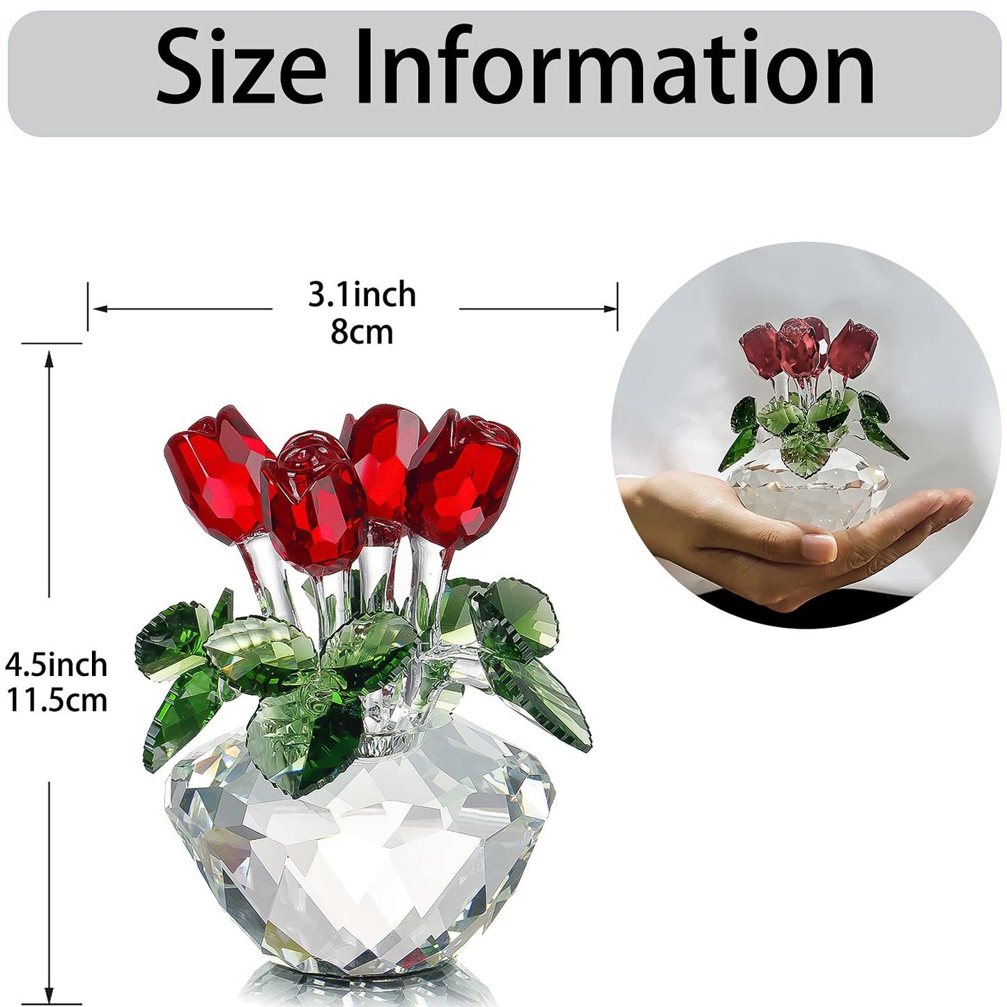 4.5inch Spring Bouquet Crystal Glass Flowers Red Rose Figurine Ornament