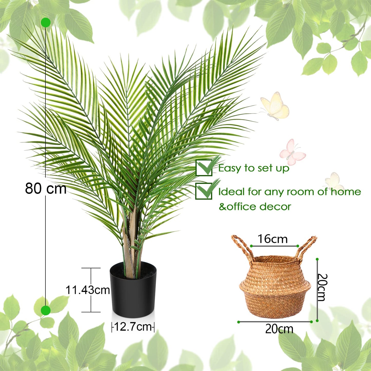 Large Artificial Plants in Pot 80cm Artificial Palm Tree with Woven Seagrass Belly Basket (1 Pack)