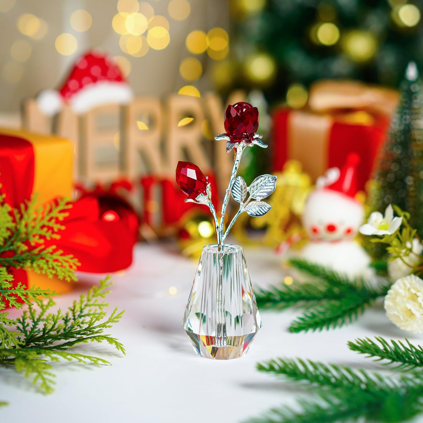 Crystal Red Roses,Glass Rose Flower Figurine with Silver Pole