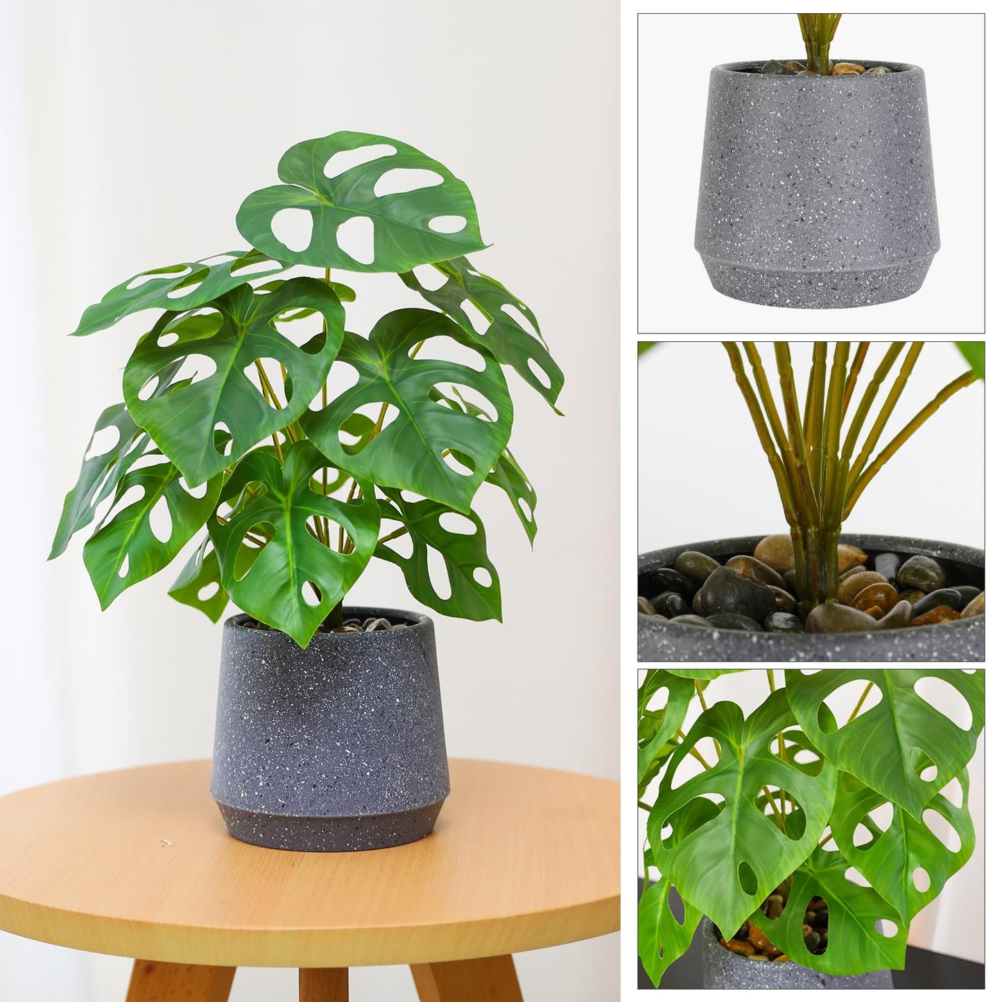 Artificial Plant in Pot,14" Potted Fake Monstera Plant with stones Decor