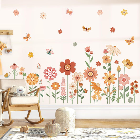 Boho Flower Wall Decals for Kids Garden Floral Daisy Butterfly Wall Stickers